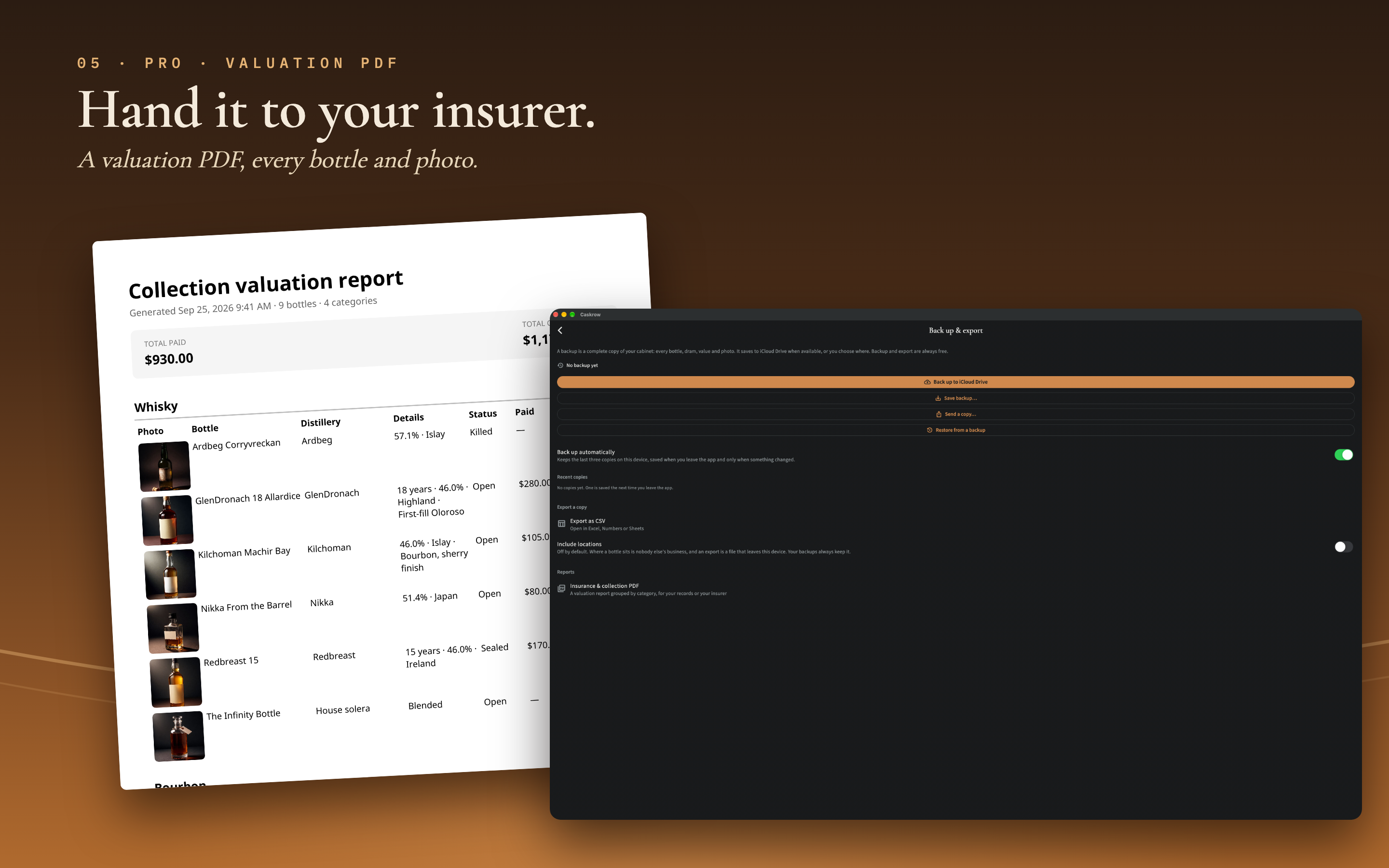 Caskrow on a wide screen: insurance-ready Valuation Schedule PDF