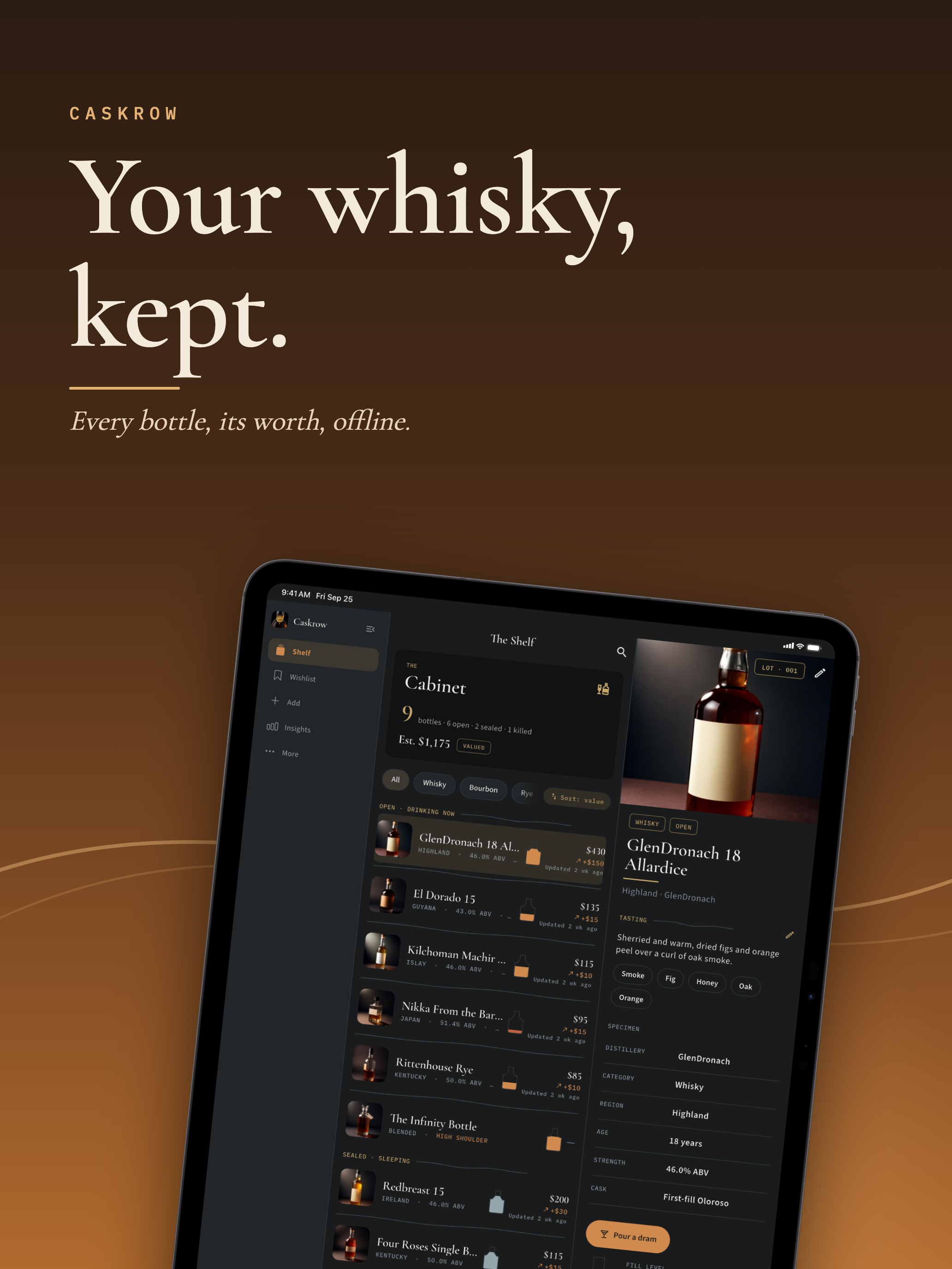 Caskrow on iPad showing collection shelf and bottle record