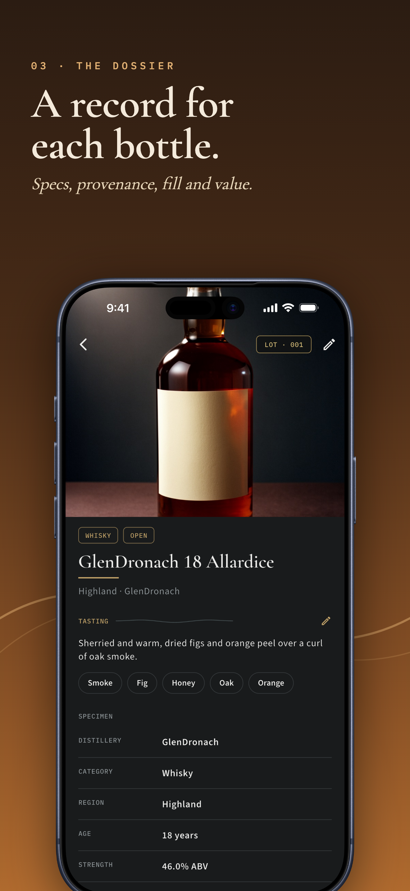 A bottle dossier in full: distillery, cask, fill ladder, tasting notes and value history