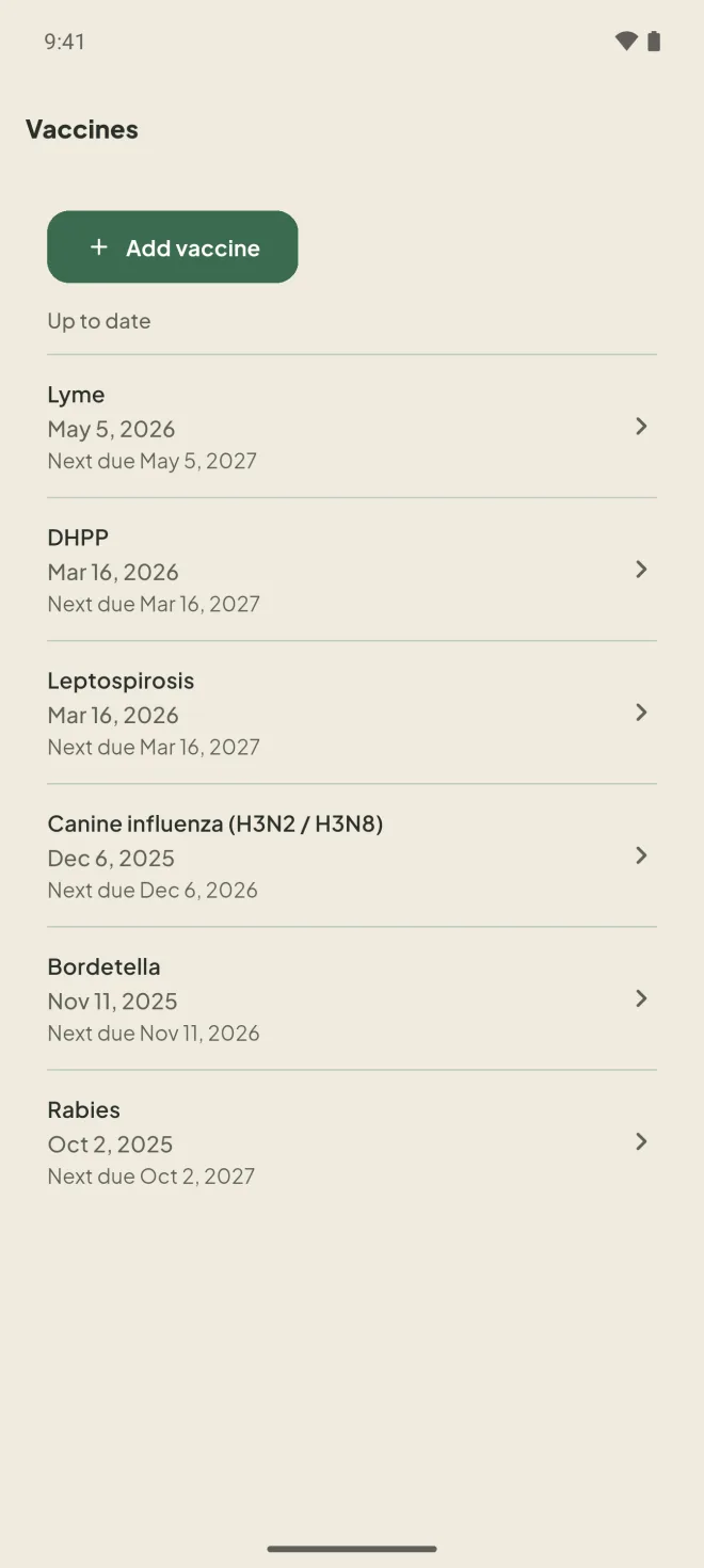 Android: vaccines with next due dates