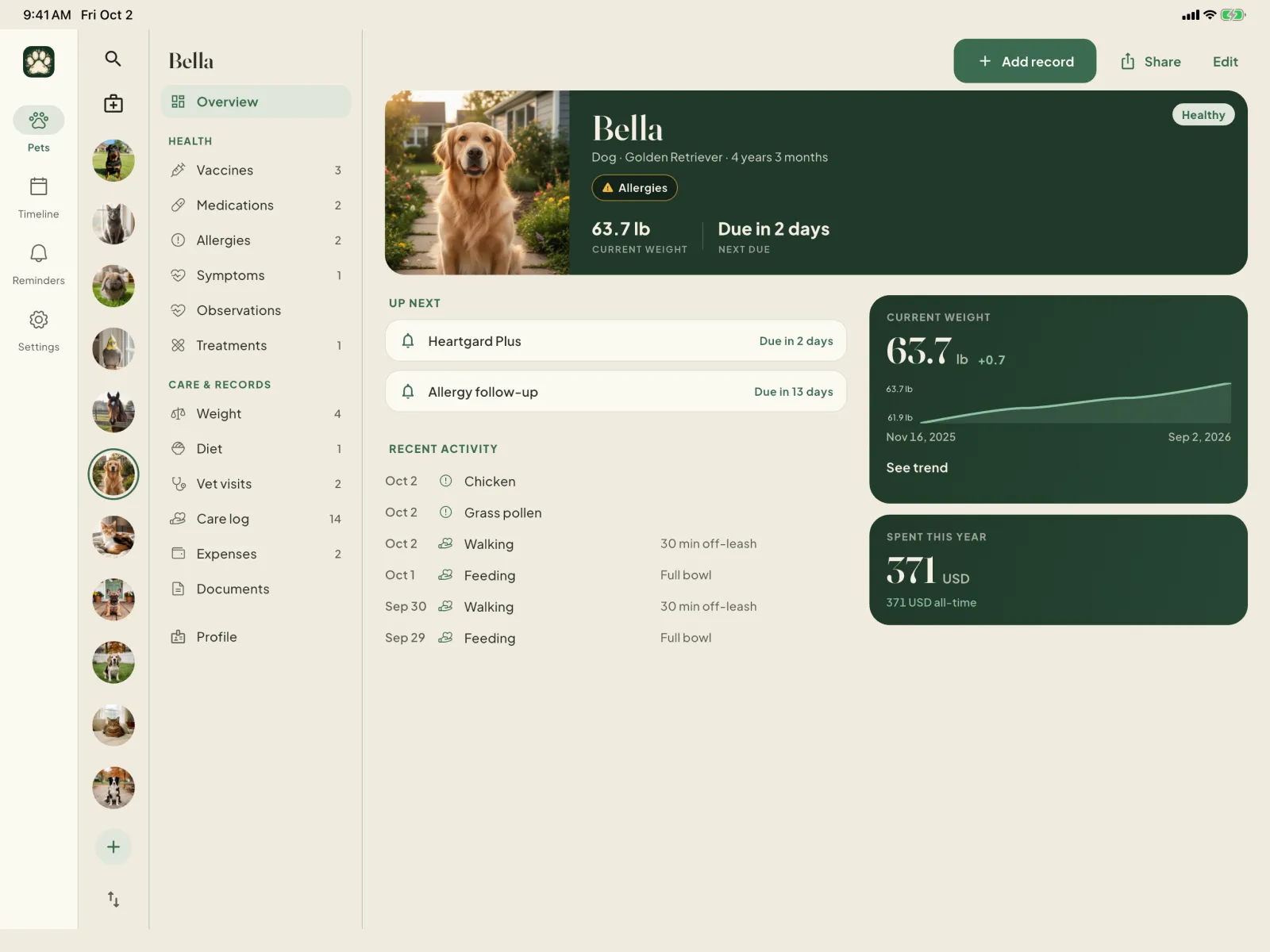 Bella the Golden Retriever's dossier on iPad, with what is due next and recent activity