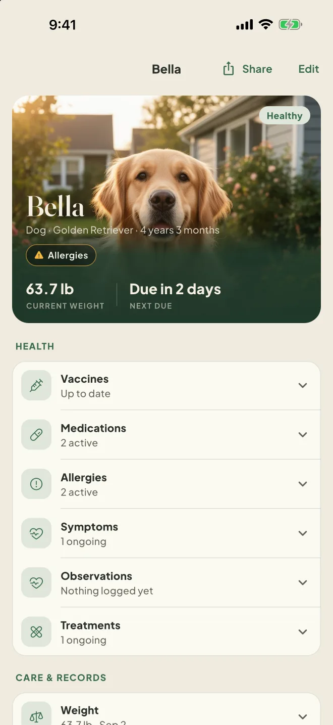 Bella's dossier on iPhone with her health sections