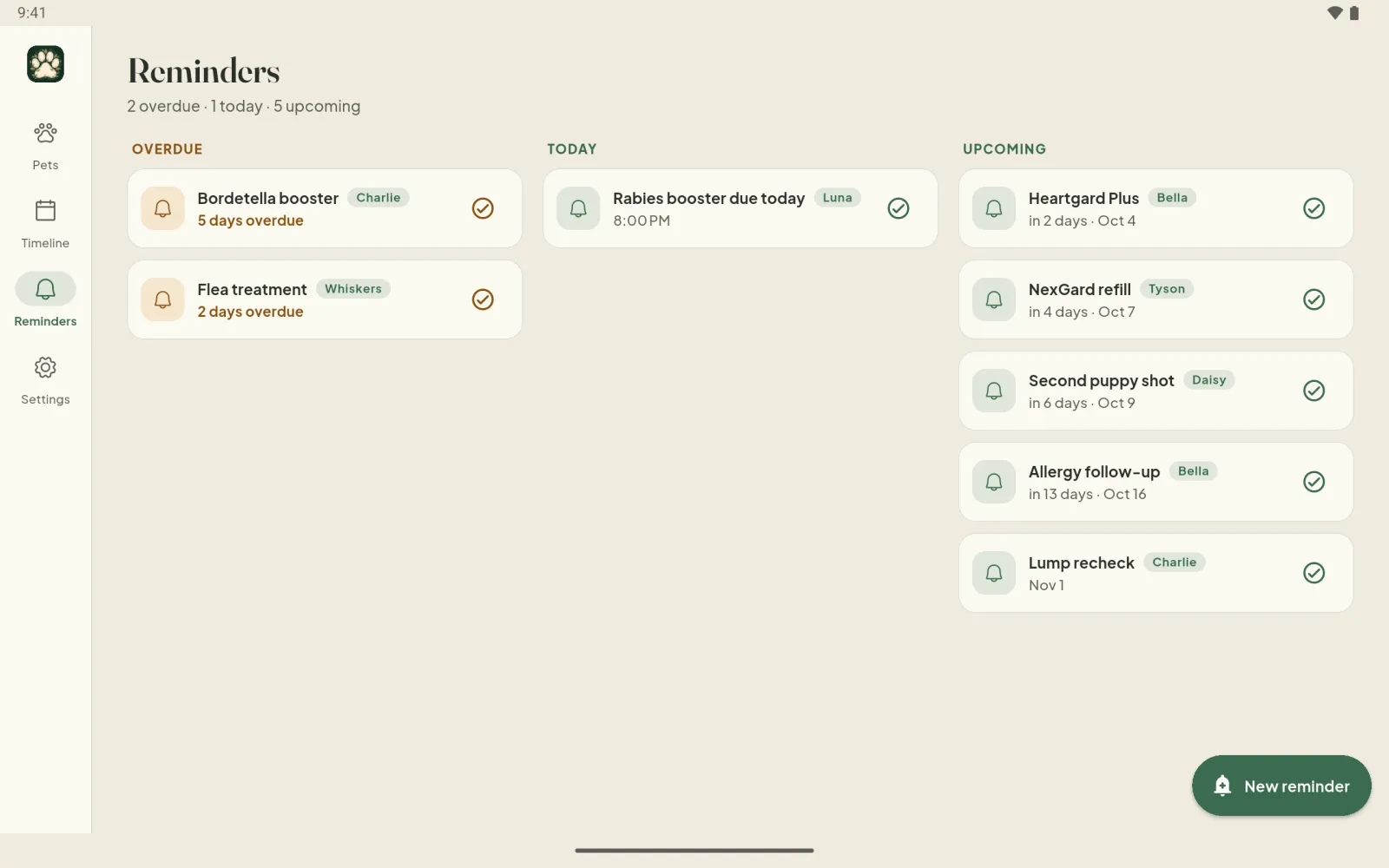 Android tablet: reminders in three columns