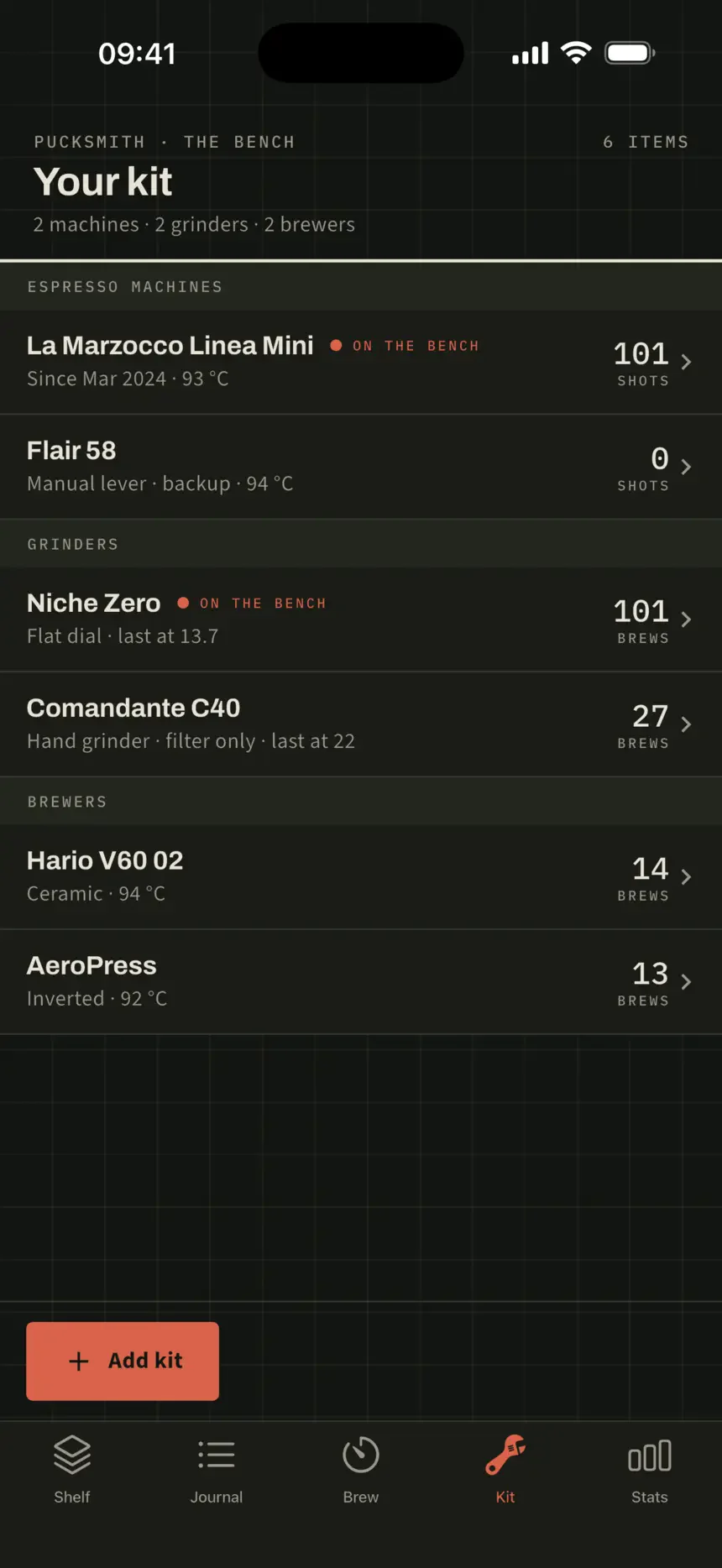 The bench in dark mode: machines, grinders and brewers with shot counts