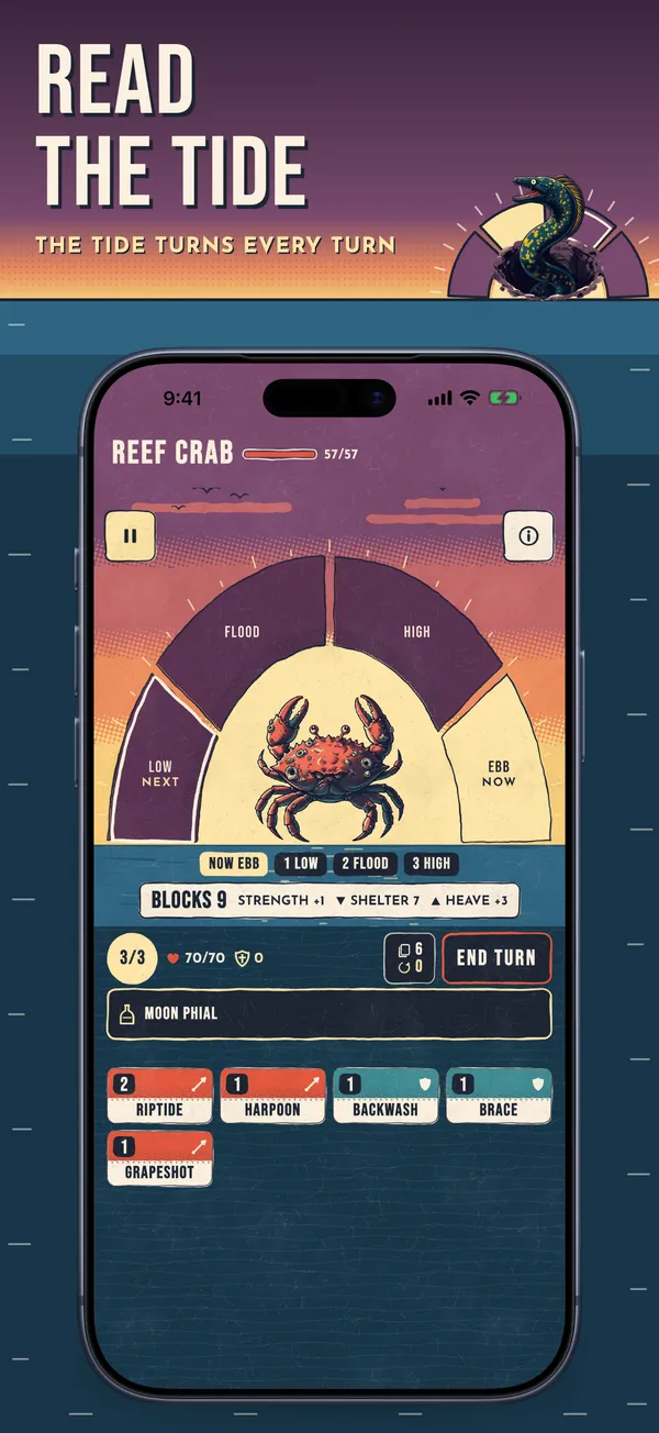 Poster: Read the tide. The tide turns every turn. A fight against a Reef Crab under the tide arc.