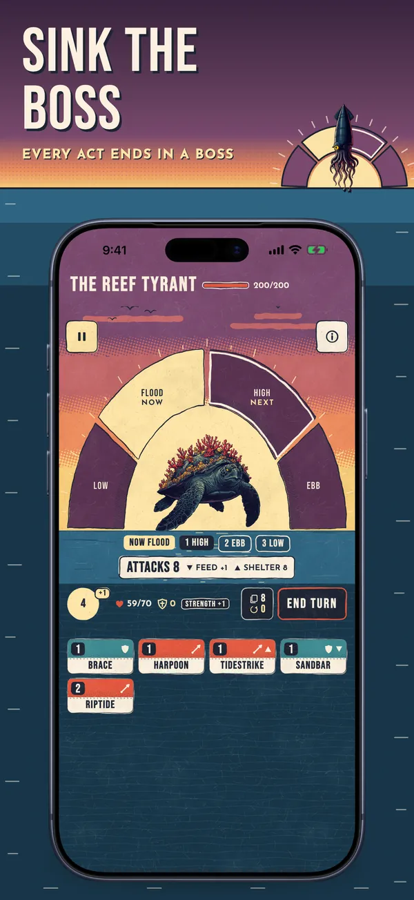 Poster: Sink the boss. Every act ends in a boss. The Reef Tyrant under the tide arc.