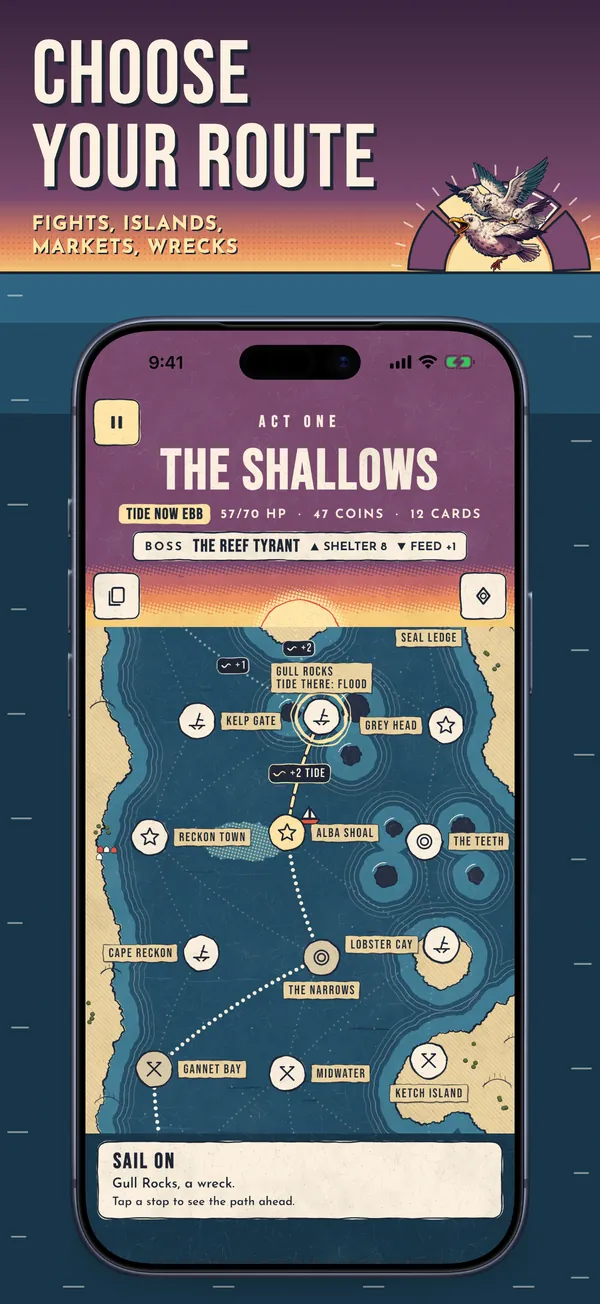 Poster: Choose your route. Fights, islands, markets, wrecks. The sea chart of act 1.