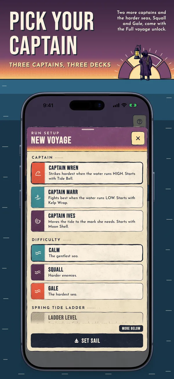 Poster: Pick your captain. Three captains, three decks. Two more captains and the harder seas, Squall and Gale, come with the Full voyage unlock.
