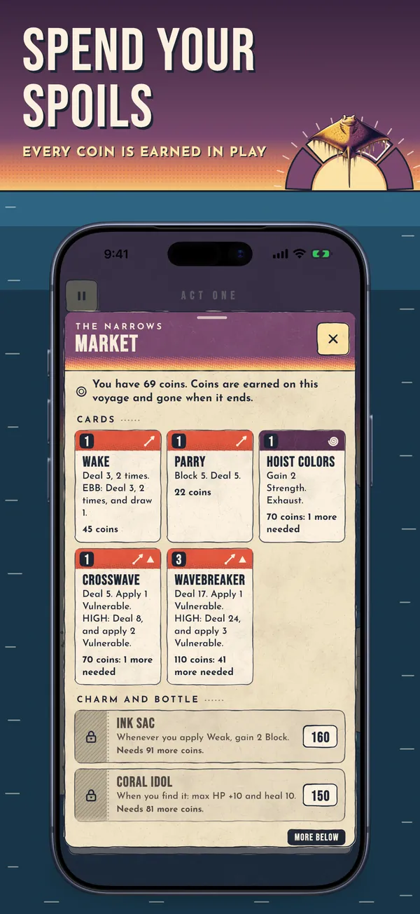 Poster: Spend your spoils. Every coin is earned in play. A market of cards, charms and bottles.