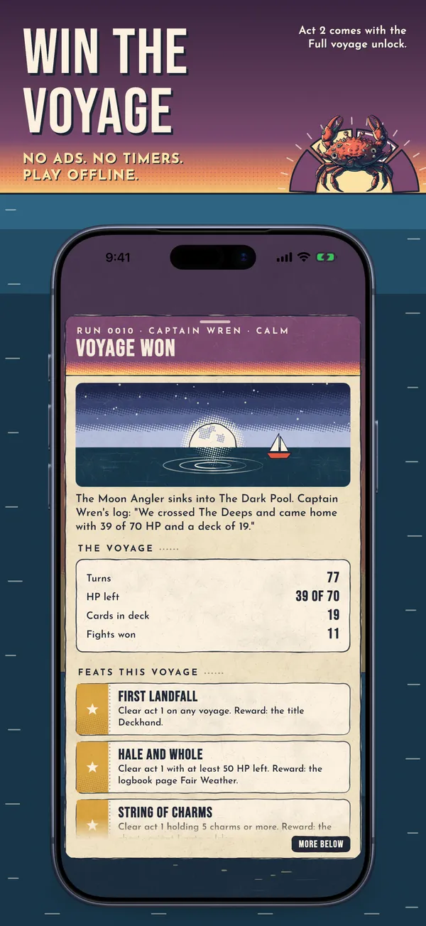Poster: Win the voyage. No ads. No timers. Play offline. The Voyage won screen.