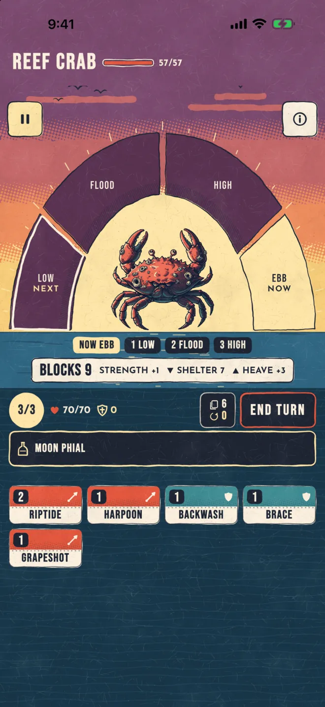 A fight against a Reef Crab, with the tide arc at EBB now and LOW next
