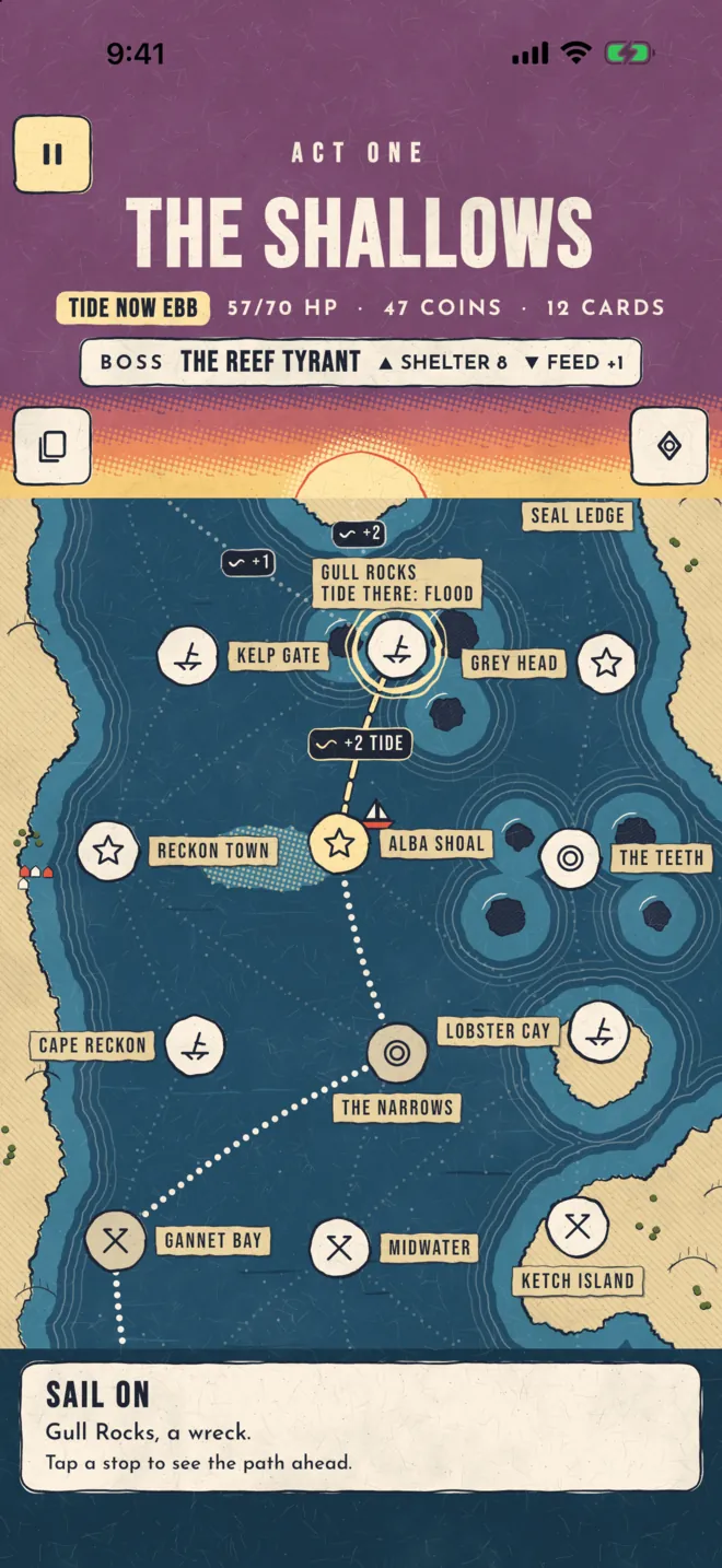 The act 1 sea chart, The Shallows, with its stops and routes