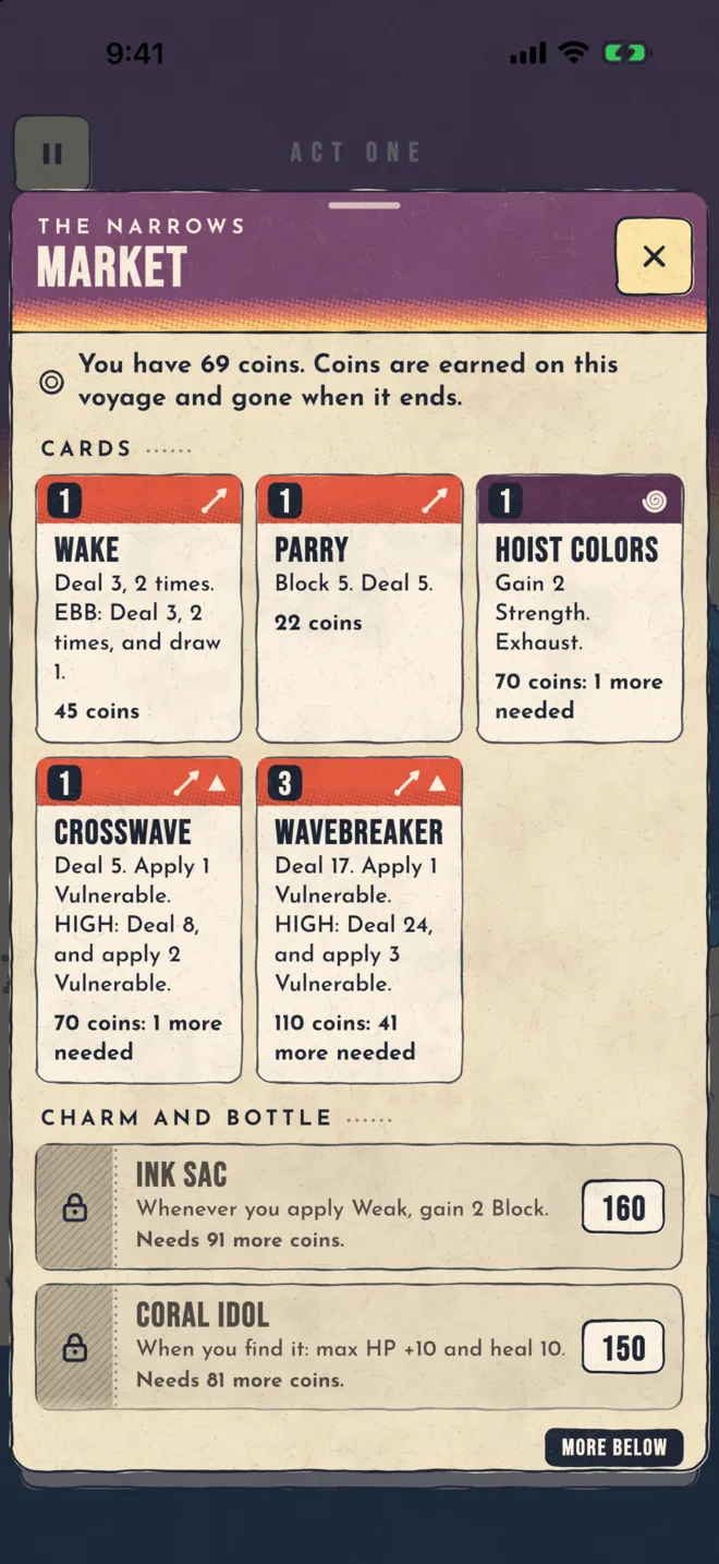 A market with cards, a charm and a bottle to buy with coins earned in play