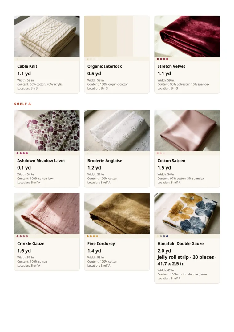 A Stash Book page: a grid of fabric photos, each with its name, length, width, content and shelf
