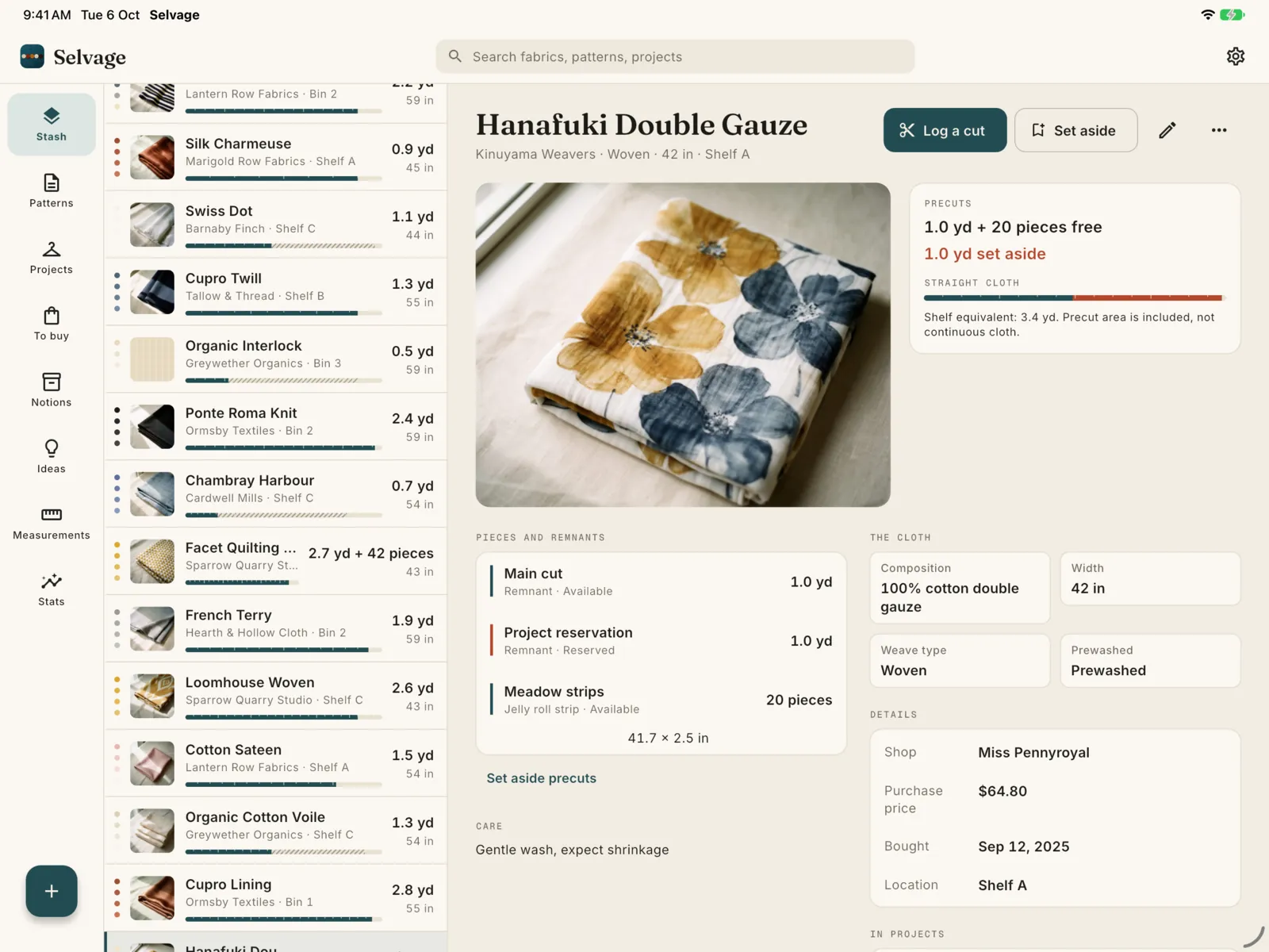 The Hanafuki Double Gauze fabric on iPad: 1.0 yd and 20 precut pieces free, 1.0 yd set aside
