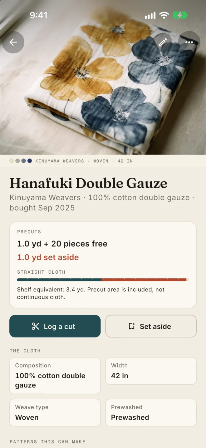 A fabric on iPhone with its free and set-aside yardage