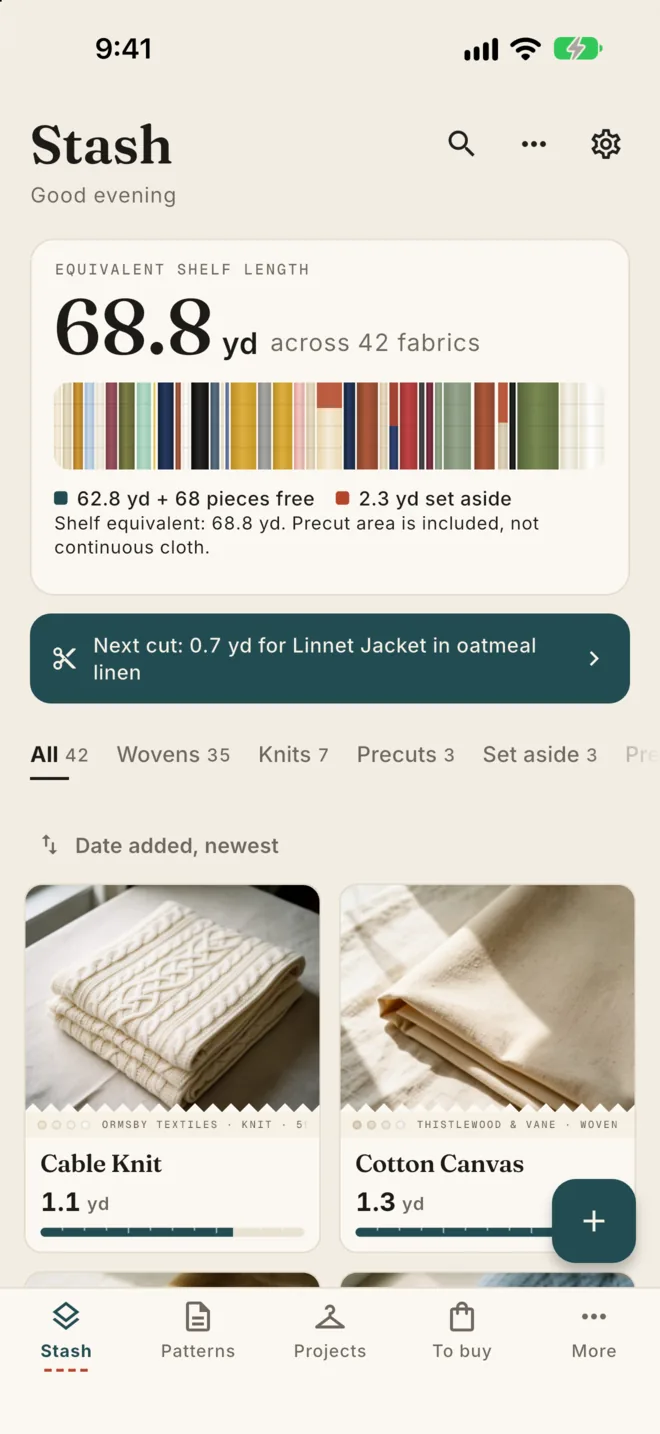 The Stash screen on iPhone: 68.8 yd across 42 fabrics, with a strip of fabric colours and a photo grid