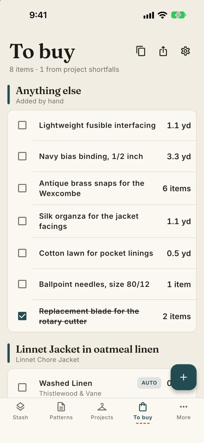 The To buy list on iPhone, with items added from project shortfalls