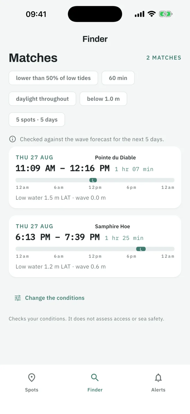 Finder: matches across every saved spot for a set of conditions, including wave height