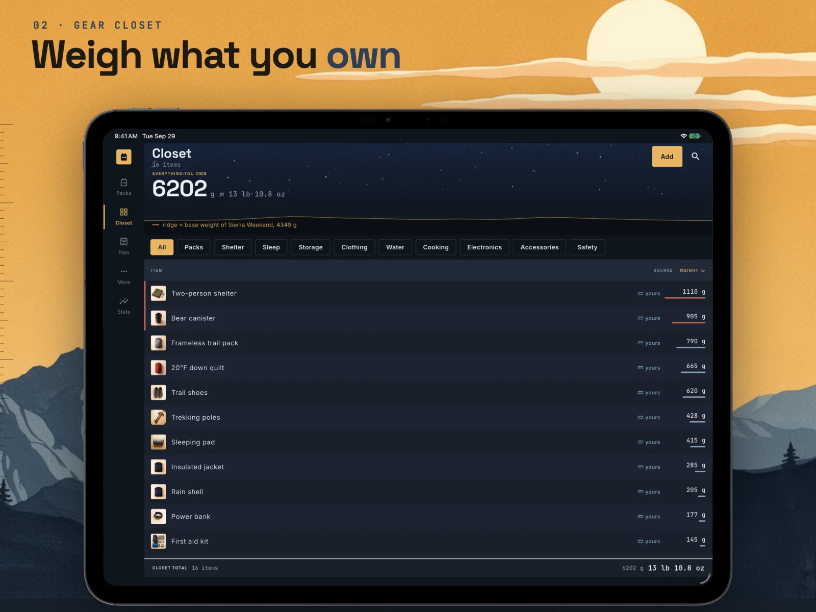 Skinweight gear closet on iPad: 16 items totalling 6202 g