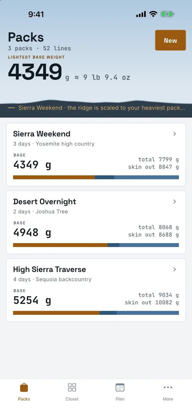 The packs list in the light theme, showing base, total and skin-out weight for three packs