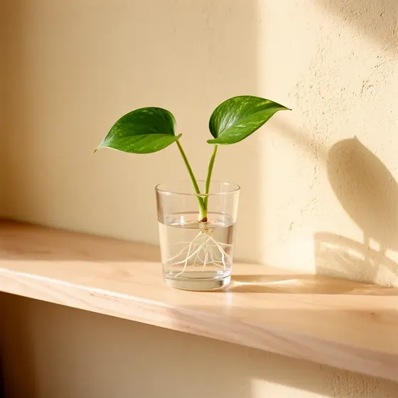 A pothos cutting rooting in a glass of water on a sunny shelf