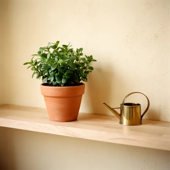 A potted plant and a brass watering can on a sunny shelf