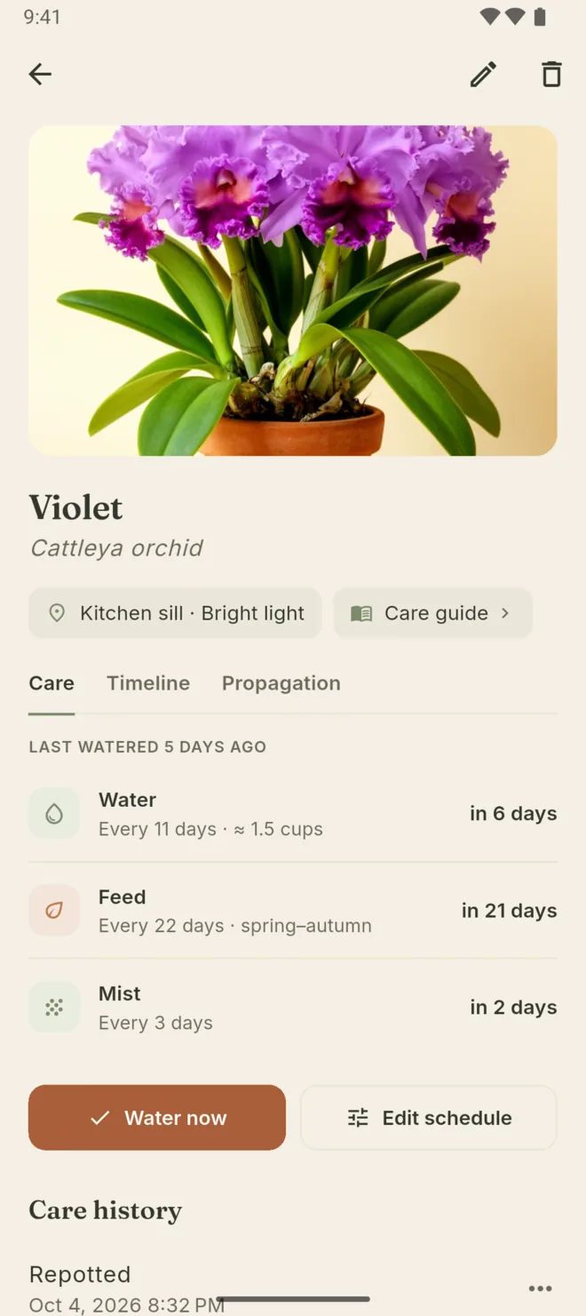 Android: a plant's page with its schedules