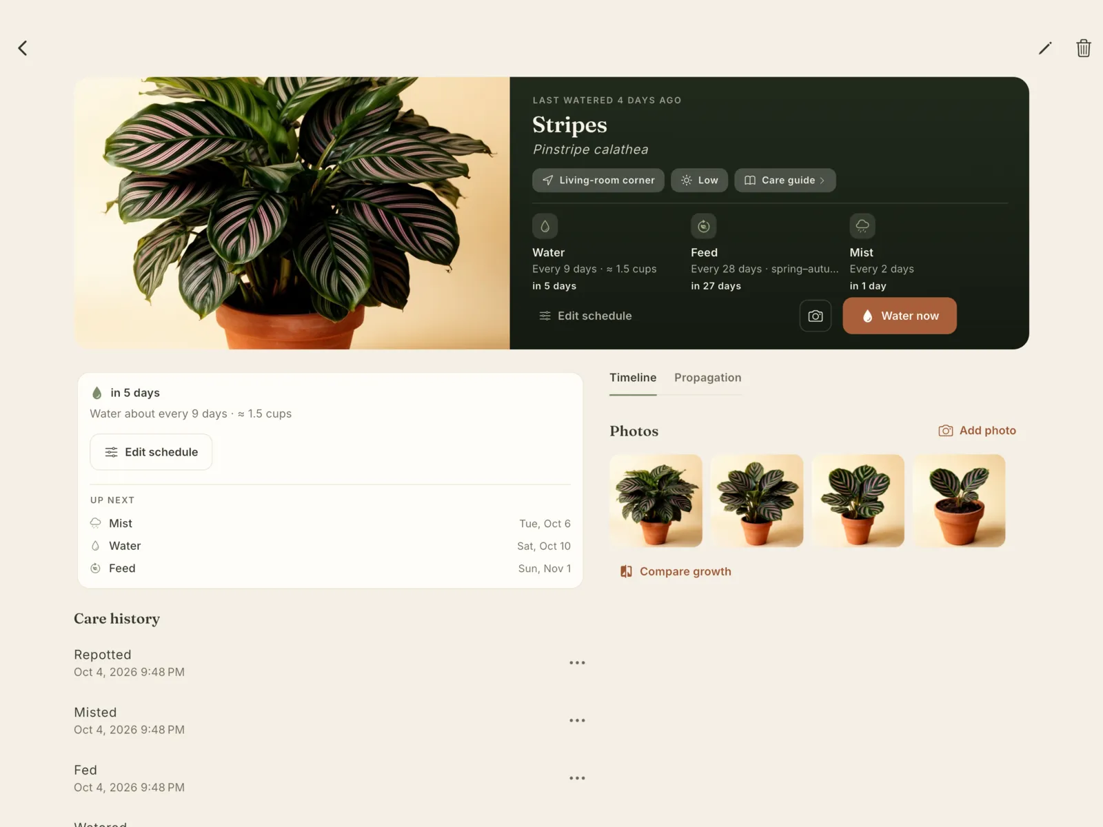 iPad: Stripes with growth photos and care history