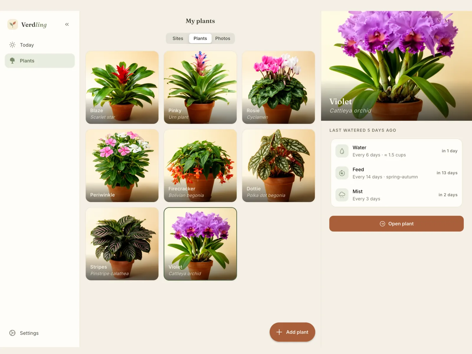 iPad: the plant grid beside Violet's care summary
