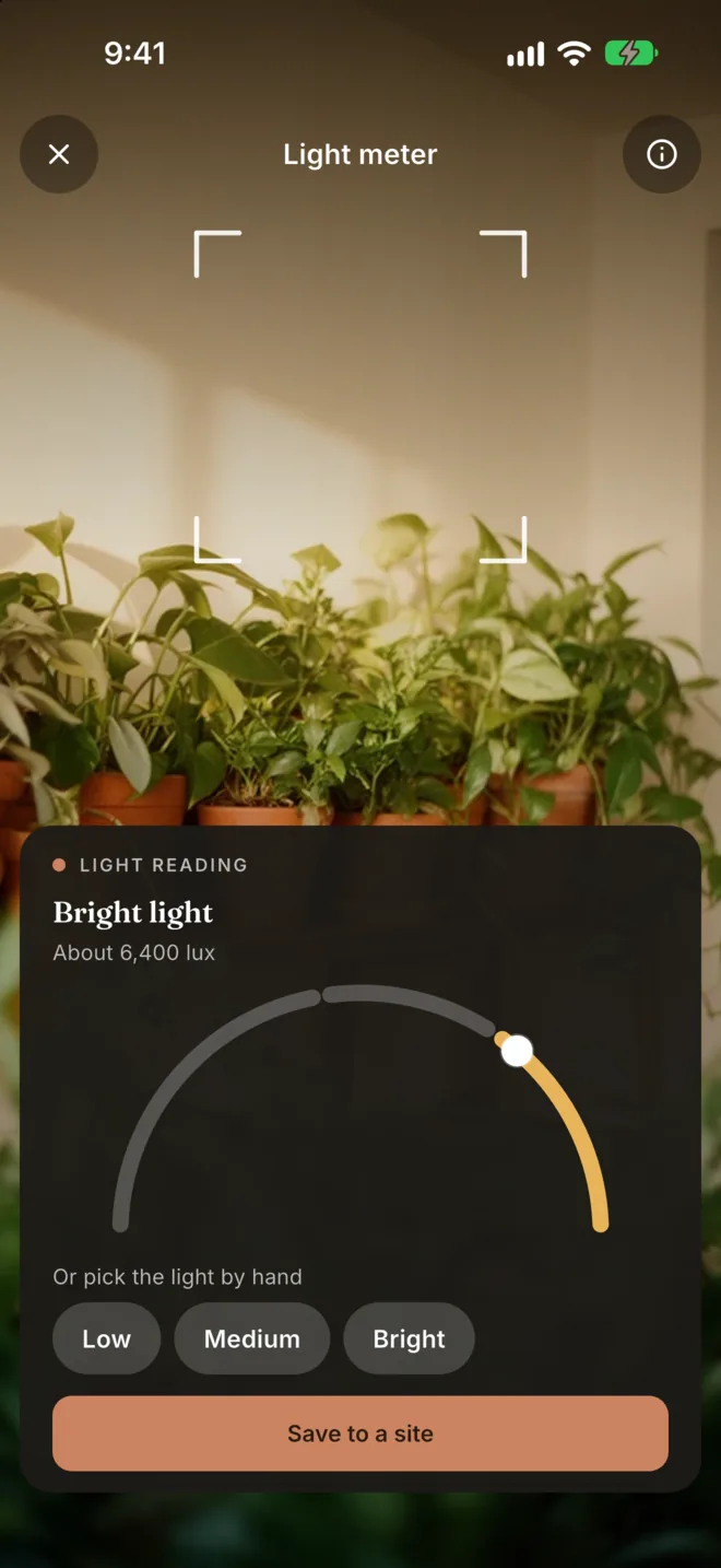 The light meter on iPhone: a camera view of a windowsill and a reading of Bright light, about 6,400 lux, with a Save to a site button