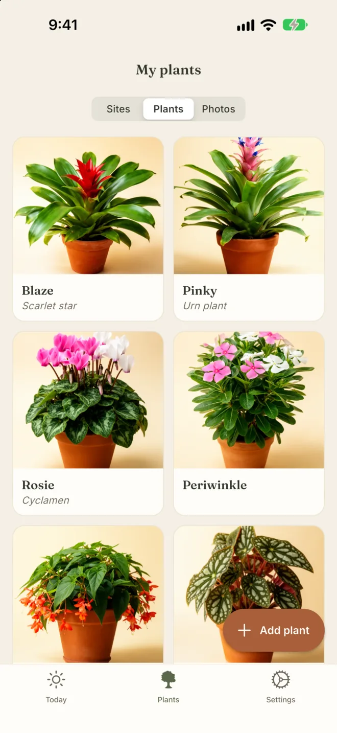 My plants: a grid of plant photos with each plant's name and species