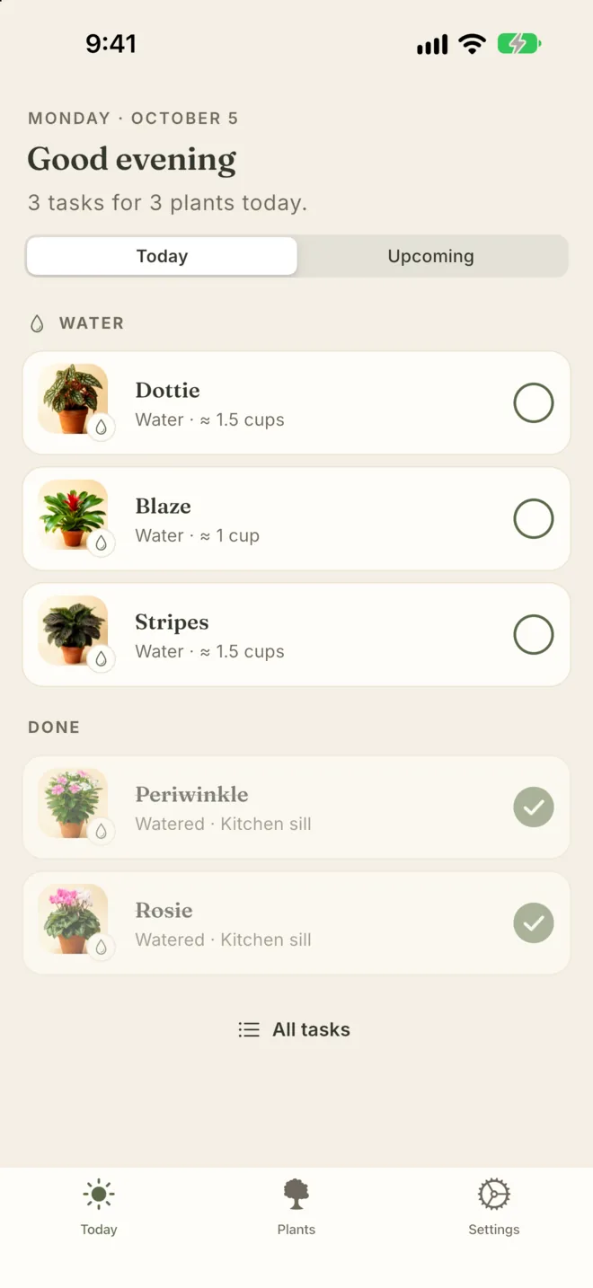 The Today screen: three plants to water, each with how much, and two already done