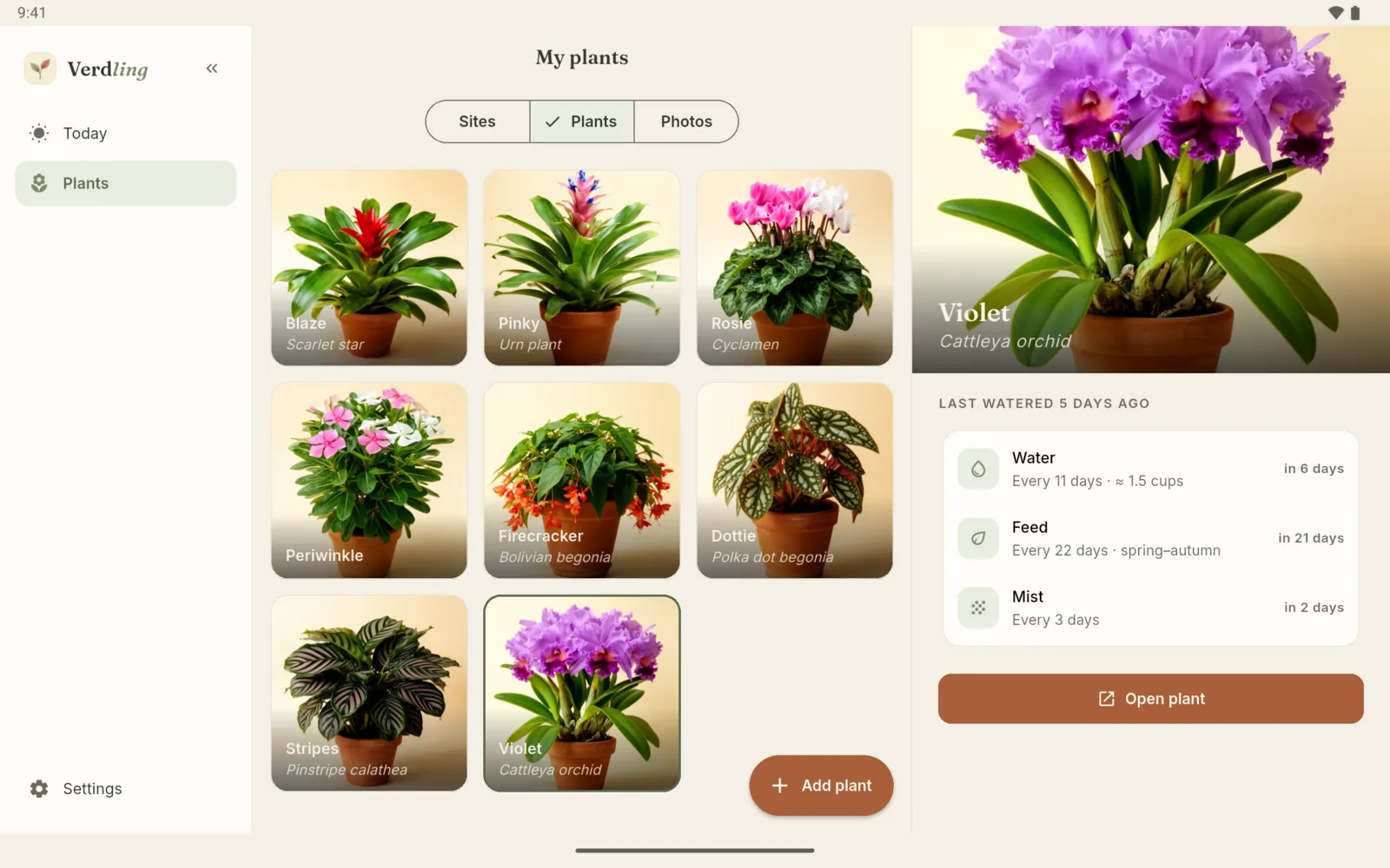 Android tablet: the plant grid beside a care summary