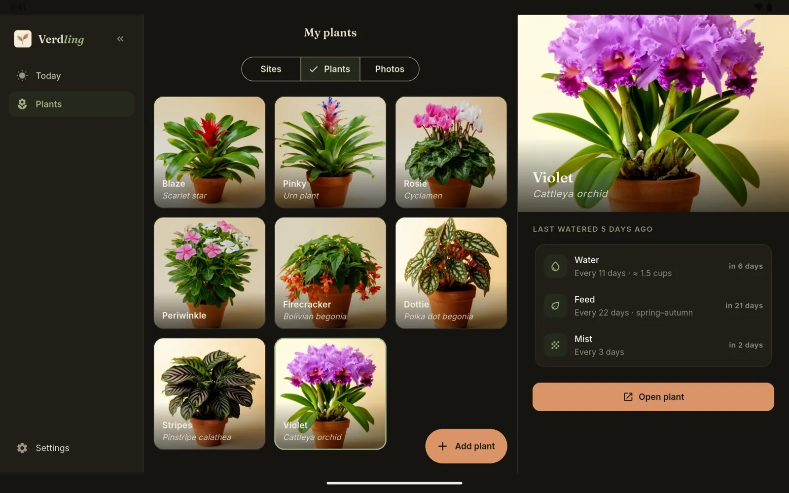 Android tablet: the plant grid in the dark theme