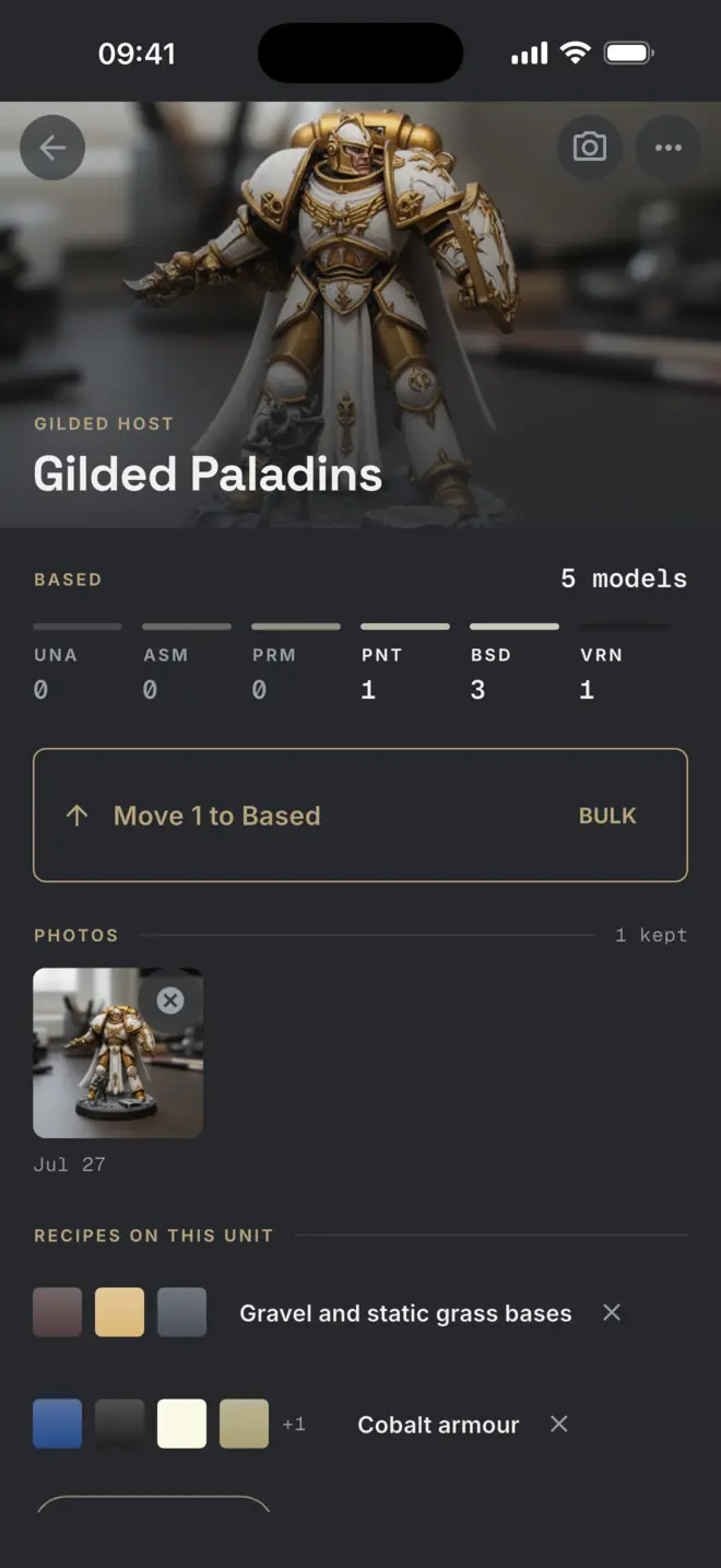 One unit in full: photo, stage counts and a one-tap move to the next stage